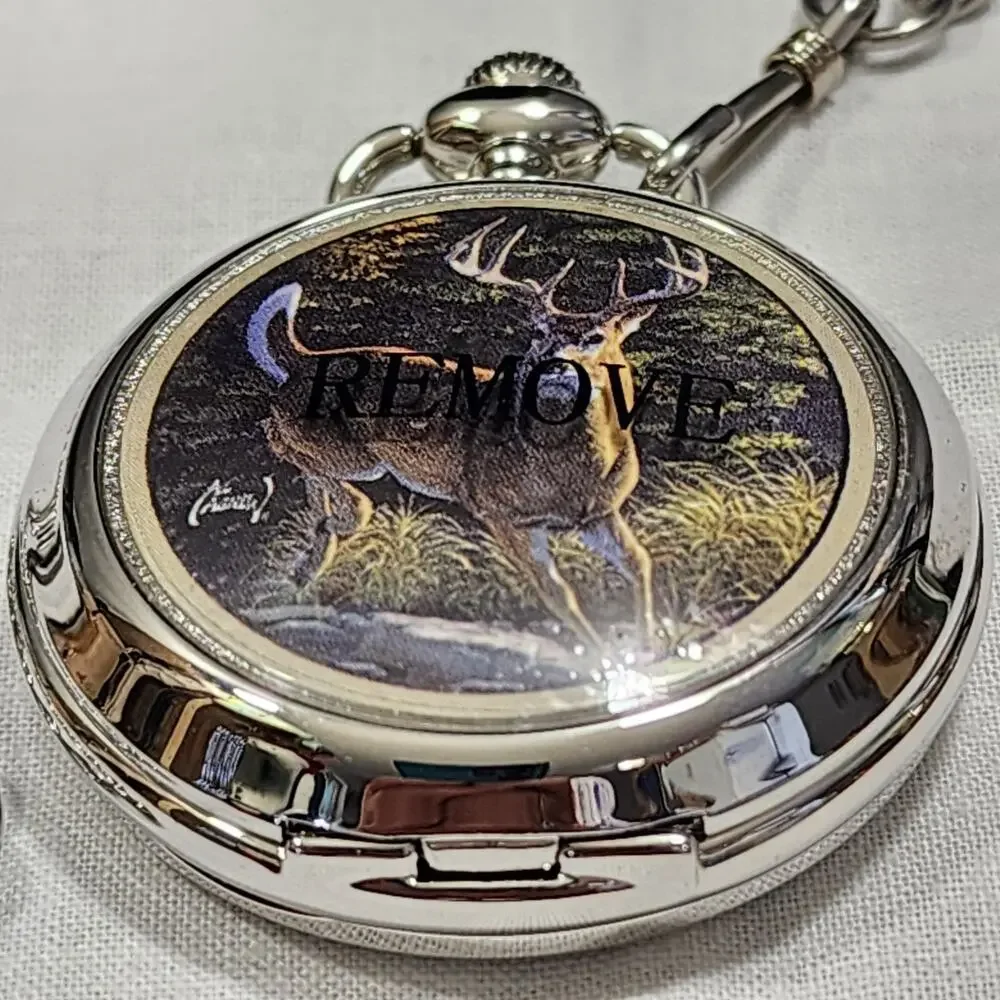 Al Agnew White Tailed Deer Pocket Watch Quartz Movement Silver Tone Case Chain